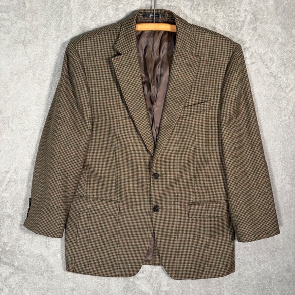 Lauren Ralph Lauren Men 42R Wool Houndstooth Sport Coat Blazer Brown Tweed Check